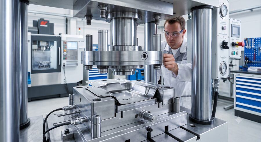 Techniker justiert ein Tiefziehwerkzeug an der Presse