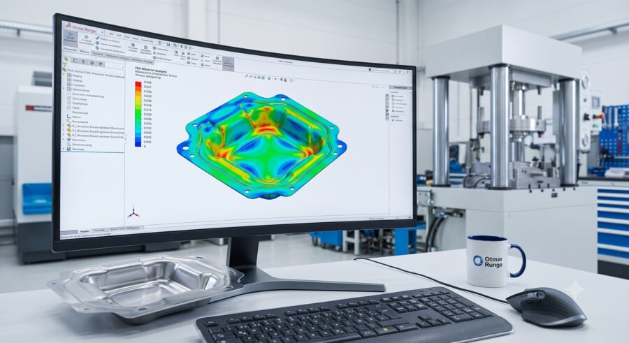 CAD-Simulation eines Blechbauteils mit Spannungsanalyse